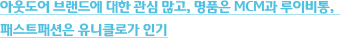 아웃도어 브랜드에 대한 관심 많고, 명품은 MCM과 루이비통, 패스트패션은 유니클로가 인기