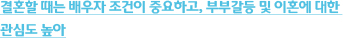 결혼할 때는 배우자 조건이 중요하고, 부부갈등 및 이혼에 대한 관심도 높아